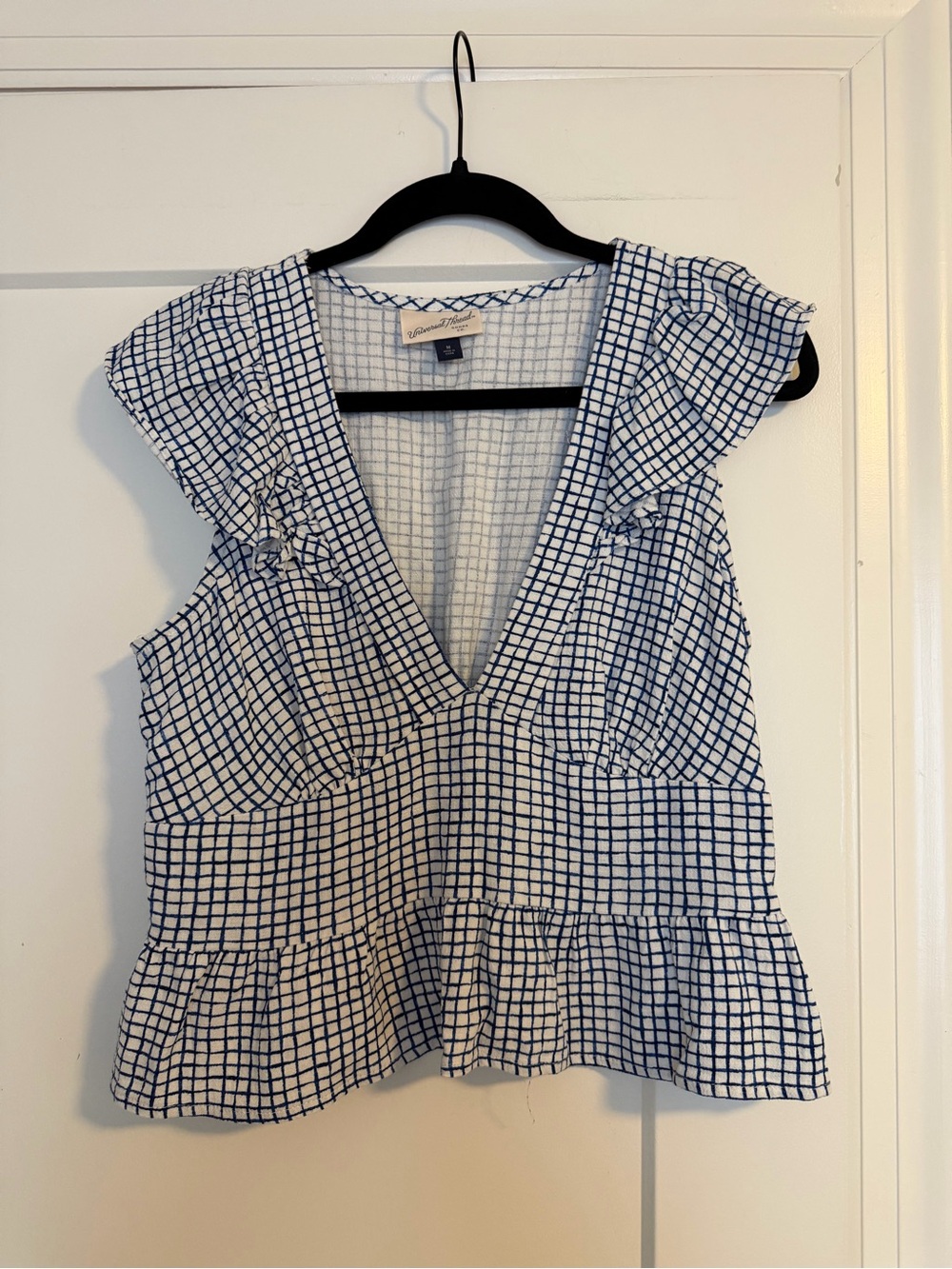 Blue and White Grid V-Neck Ruffle Peplum Top